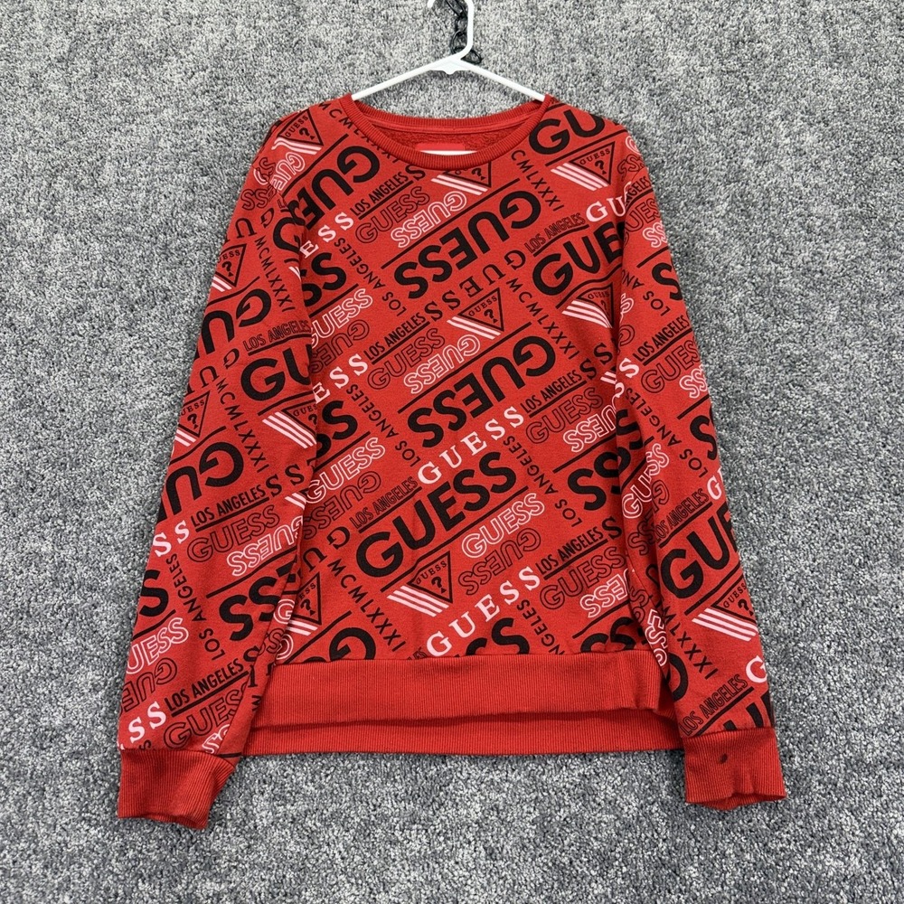 GUESS Sweatshirt Mens XL Red Pullover Fleece Crewneck Allover Logo Graphic